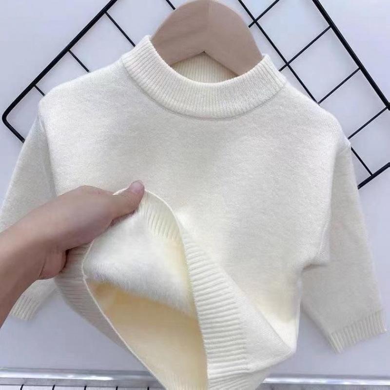 子供服 ニット セーター 裏起毛 厚手 柔らかい 丸首 長袖 トップス 秋冬 ベージュ アプリコット レッド ブラック イエロー