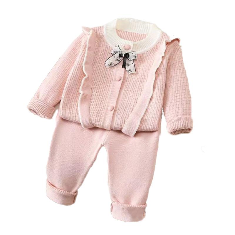 子供服 ニット セットアップ 秋冬 ニットカーディガン かわいい 丸首 襟なし 保温 トップス ボトムス