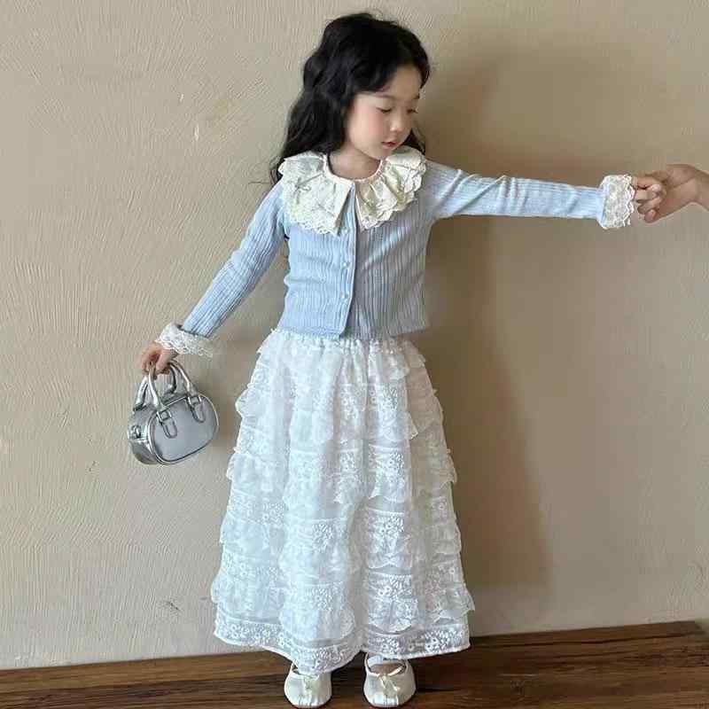 キッズ 女の子 カーディガン & スカート セットアップ ニット 花柄 襟付き トップス ボトムス 春物