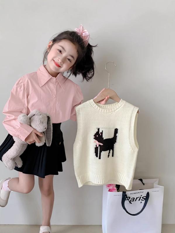 Sweater - 子供用ニットベストとシャツのセット 春秋 かわいい おしゃれ ガールズ 上下セット 普段着 お出かけ