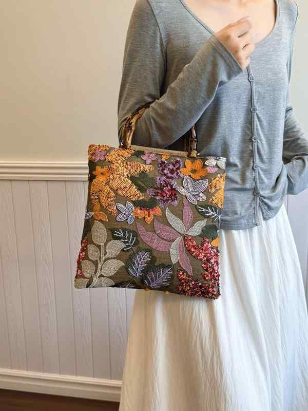 バッグ レディース 鞄 麻 竹節 刺繡 スパンコール 欧美風 パーティーバッグ ハンドバッグ オレンジ ブラック 紫 グリーン イエロー ピンク シャンパンゴールド 提花 アーチ 無地 ファスナー付き(4.0)