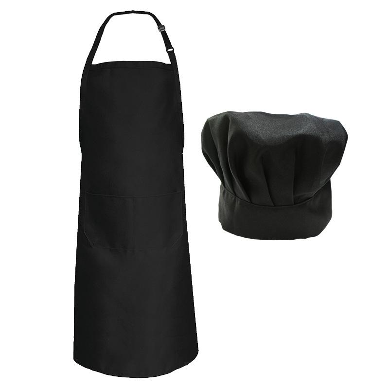 Gingham Aprons - エプロン セット 男性用 女性用 黒色 白色 料理用 帽子付き レストラン カフェ キッチン 汚れ防止 ポリエステル 無地 シンプル