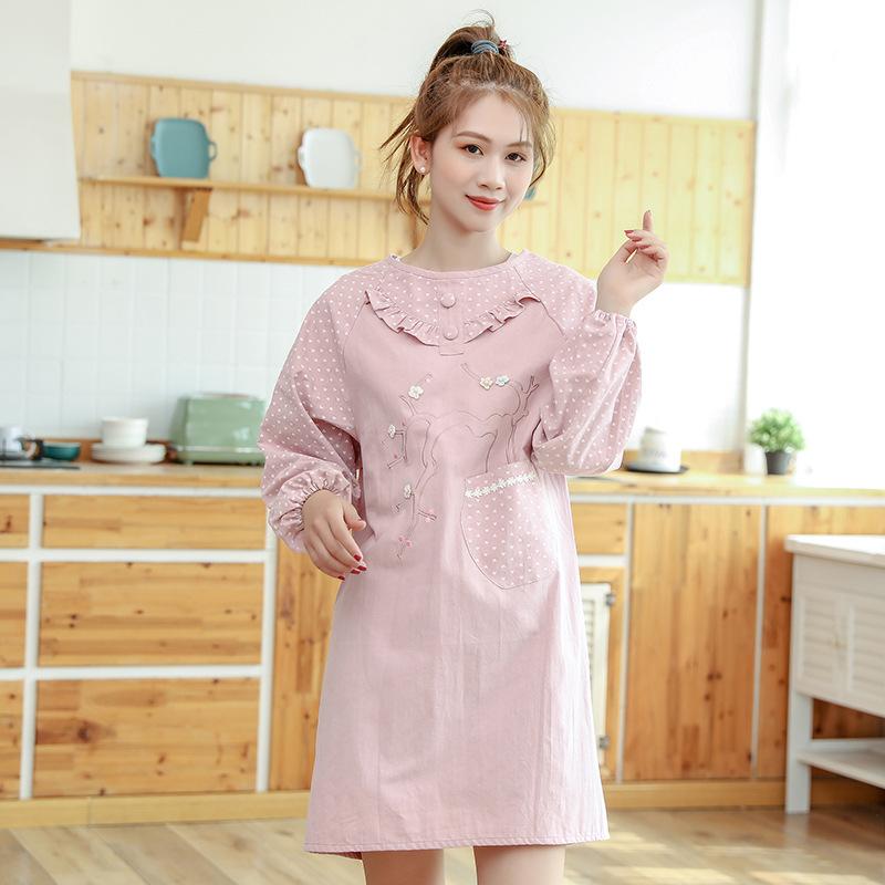 エプロン レディース 北欧風 無地 長袖 防油 撥水 大人用 キッチン 料理教室 綿 かわいい おしゃれ ピンク系 グリーン系