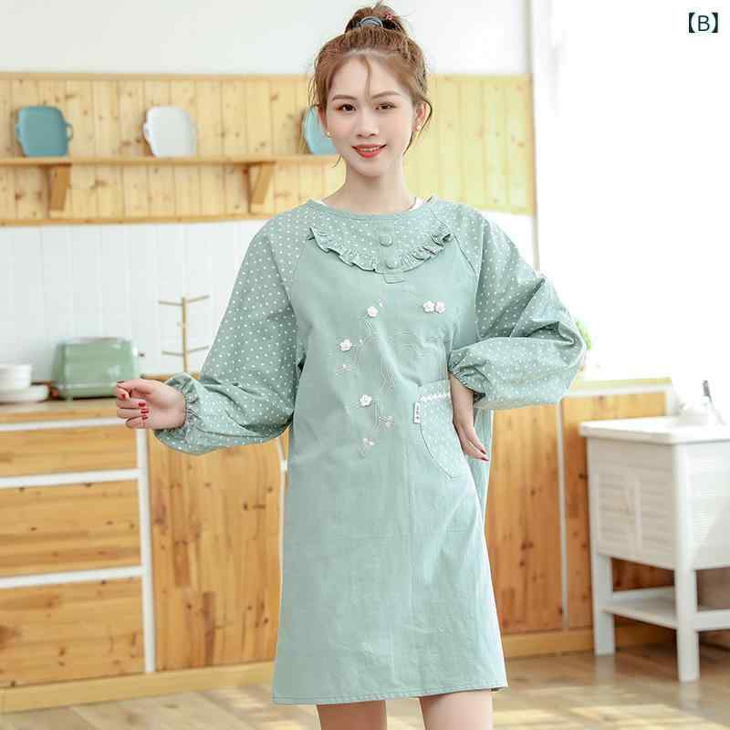 エプロン レディース 北欧風 無地 長袖 防油 撥水 大人用 キッチン 料理教室 綿 かわいい おしゃれ ピンク系 グリーン系