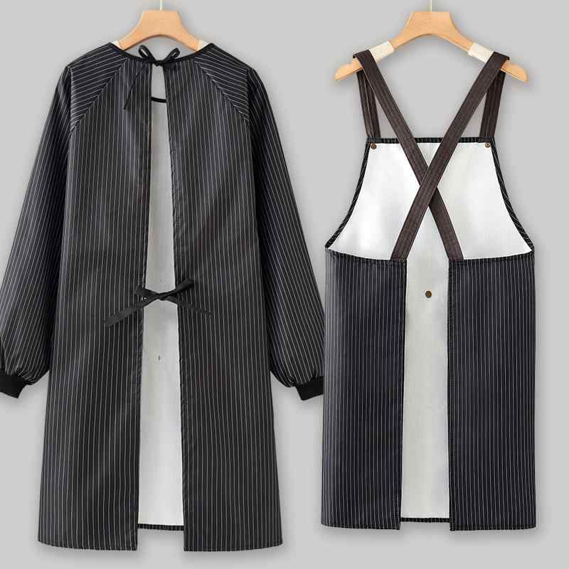 Work Aprons - エプロン 男女兼用 大人用 キッチン用 料理用 防水 防油 袖付き ストライプ柄 タオル付き