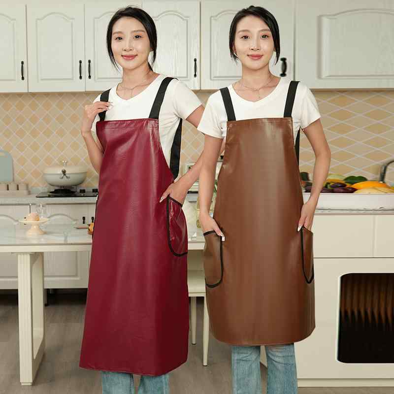 エプロン レディース 防水 防油 撥水 PUレザー 軟らかい ソフト ワークエプロン 家庭用 飲食店 カフェ キッチン 無地 ワインレッド コーヒー ブラウン ブラック