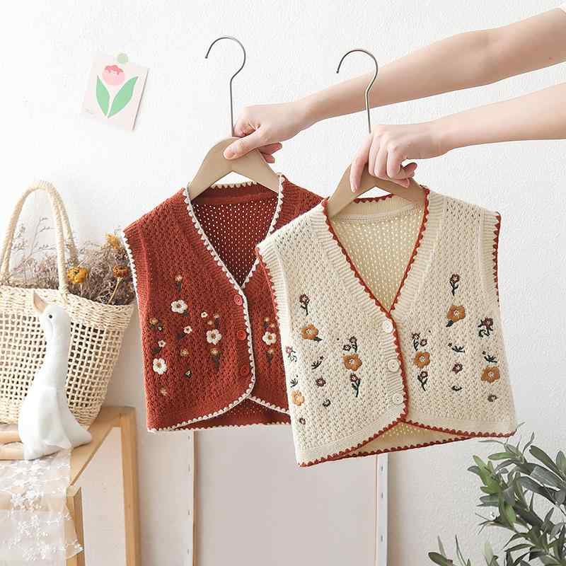 ニットベスト キッズ 女の子 子供服 民族風 春秋 刺繍 花柄 Vネック かわいい おしゃれ ベビー 幼児 セーター あったか 防寒 普段着 公園着