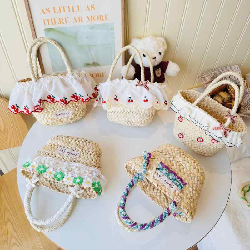 麦わら帽子 レディース 草編みバッグ ハンドバッグ 子供用 幼稚園 浴衣向け 菜籃子 ポリエステル レース かわいい 大容量 普段使い 手提げ