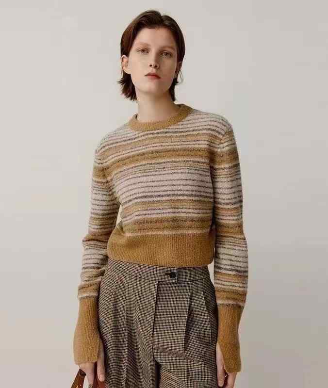 ニット レディース 長袖 ニットソー 婦人服 ヤク ウール ボーダー柄 プルオーバー トップス 秋冬 ゆったり かわいい カジュアル