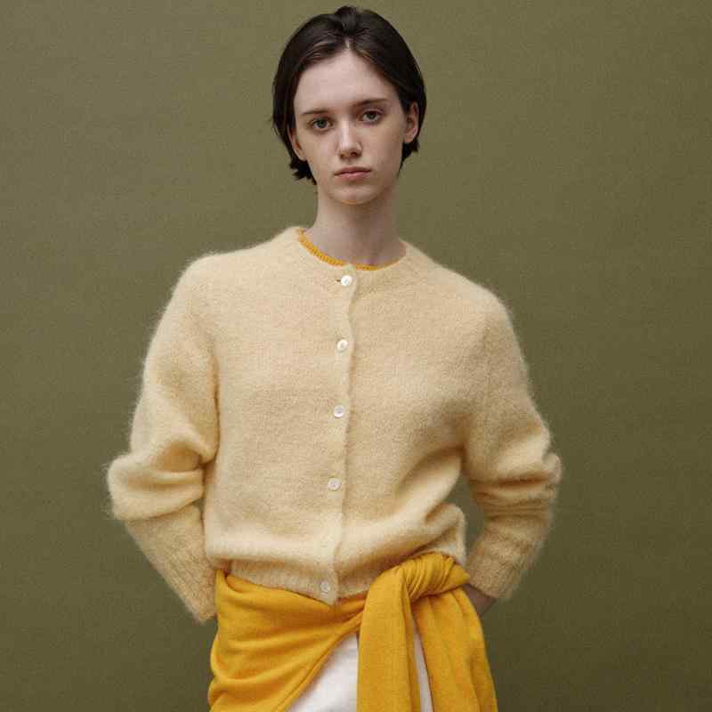 ニット カーディガン レディース 秋冬 韓国風 アルパカ ウール ニット トップス 長袖 ラウンドネック 黄色 水色 通勤 オフィス きれいめ かわいい
