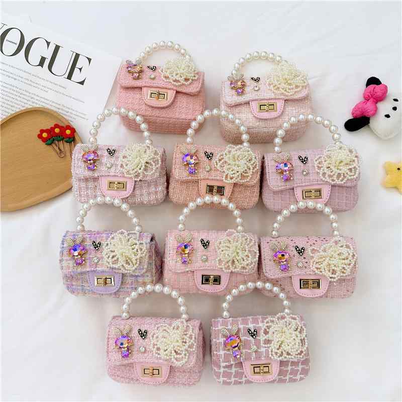 子供 バッグ ショルダーバッグ ポシェット かわいい 小さめ ミニバッグ プリンセス風 パール チェック柄 斜めがけ 手提げ 軽量 ピンク系 コットン