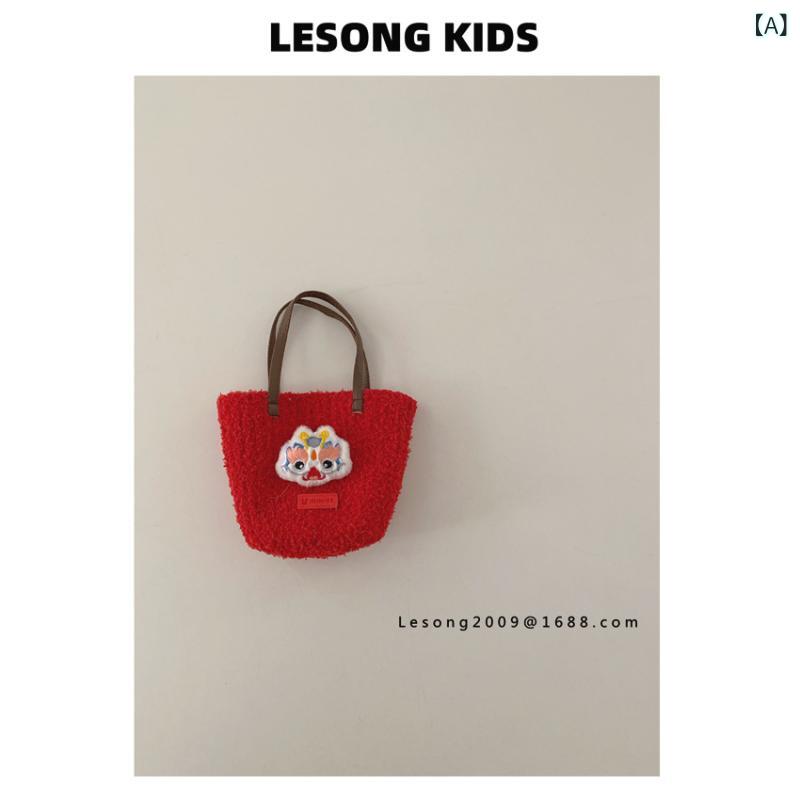 バッグ 子供 手提げかばん ミニバッグ ポシェット 赤色 お正月 獅子舞 ウサギ かわいい モコモコ 秋冬