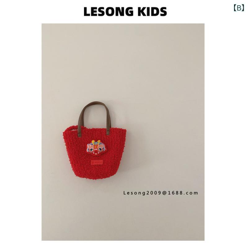 バッグ 子供 手提げかばん ミニバッグ ポシェット 赤色 お正月 獅子舞 ウサギ かわいい モコモコ 秋冬 2