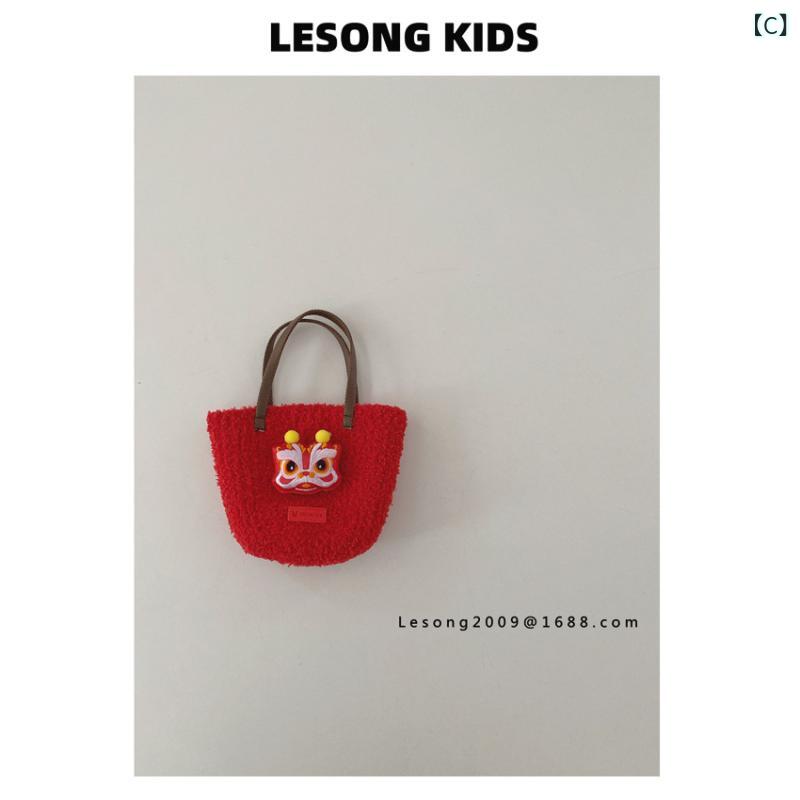 バッグ 子供 手提げかばん ミニバッグ ポシェット 赤色 お正月 獅子舞 ウサギ かわいい モコモコ 秋冬 3
