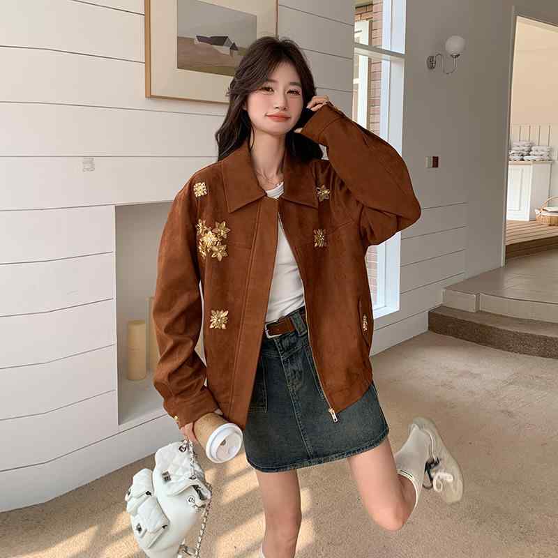 ジャケット レディース スエード調 釘打ち ジルコニア アウター ブルゾン 婦人服 長袖 襟付き 休闲 ポ..