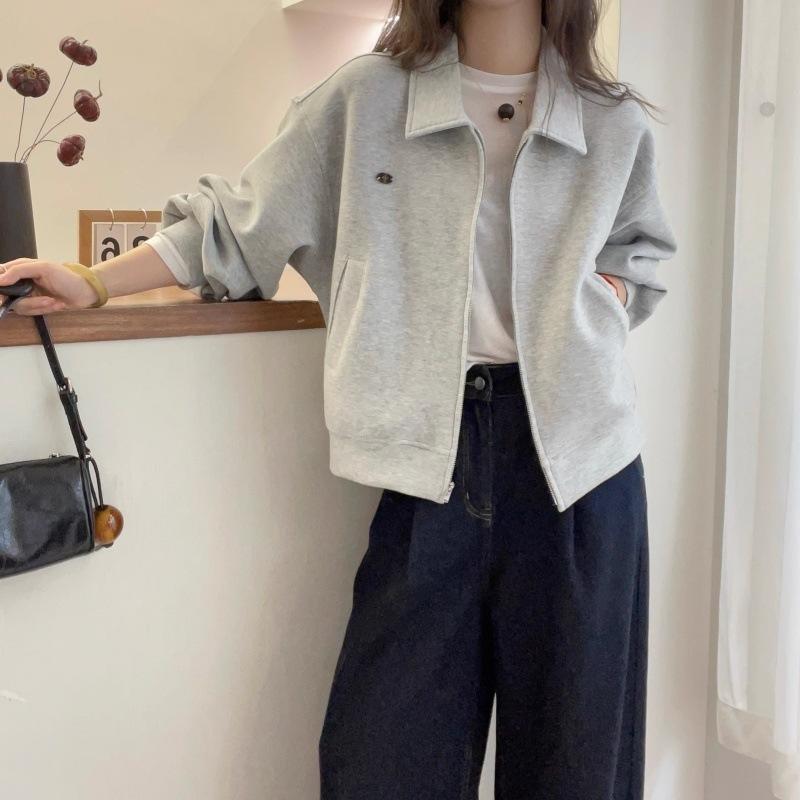 Other - ジャケット レディース 秋冬 小柄 向け グレー アウター トップス 長袖 ジップアップ 伸縮性 韓国 ファッション スタイル きれいめ 通勤