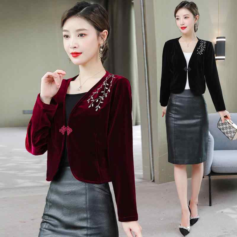 カーディガン レディース 春物 長袖 ショート丈 ベルベット アウター Vネック 手作り 飾りボタン エレガント レトロ ポリエステル 黒 ..