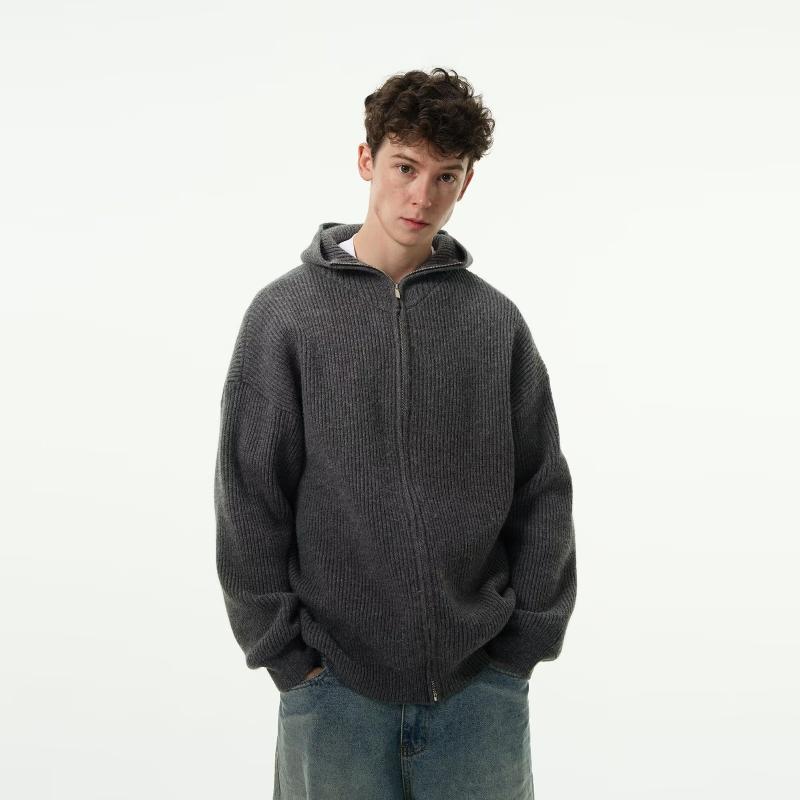 日式花紋 - カーディガン メンズ ニット カーディガン 春秋 ニットパーカー フード付き ライトアウター カジュアル 普段使い トップス 長袖 伸縮性 深グレー