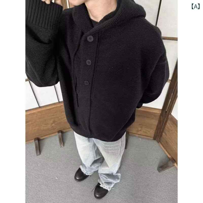 ニット メンズ パーカー 冬物 アメリカン きれいめ フード付き トレーナー 高級感 プルオーバー トップス 長袖 普段使い ルームウェア 部屋着 暖かい 防寒 ブラック グレー 2