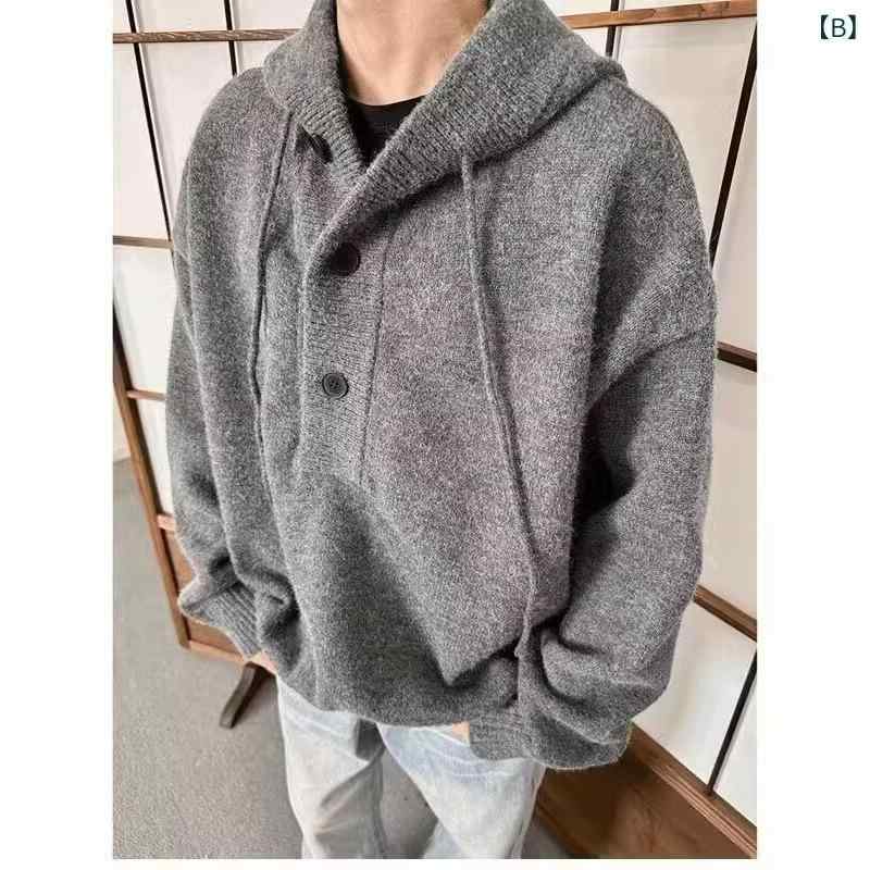 ニット メンズ パーカー 冬物 アメリカン きれいめ フード付き トレーナー 高級感 プルオーバー トップス 長袖 普段使い ルームウェア 部屋着 暖かい 防寒 ブラック グレー 3