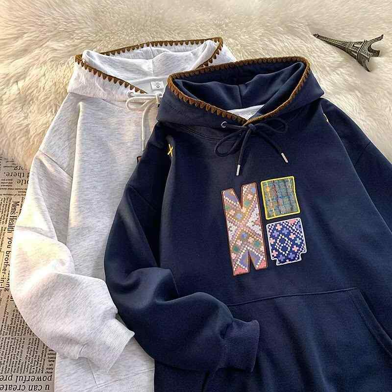 Collaboration - パーカー メンズ 秋冬 ストリート ゆったり スウェット プルオーバー 男性用 カジュアル トップス 民族風 刺繍 パッチワーク ドロップショルダー 春秋(x3)