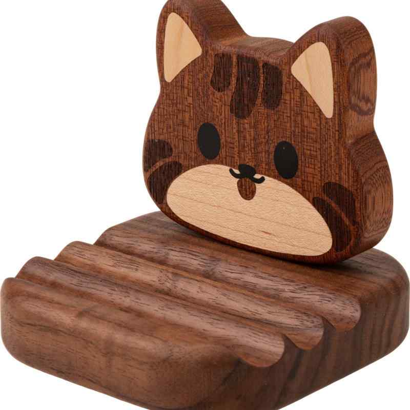 スマホスタンド 木製 かわいい 猫 三毛猫 携帯置き 卓上 おしゃれ 角度調整 楓木 サペリ 胡桃木