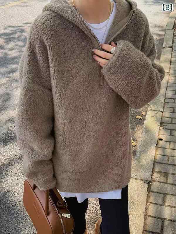 ニット レディース 秋冬 プルオーバー パーカー ゆったり 厚手 無地 長袖 ミドル丈 あったか 暖か かわいい カジュアル 韓国風 きれいめ オフホワイト ベージュ ブラウン