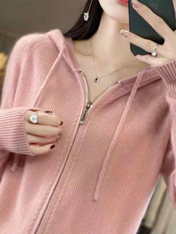 ニットカーディガン レディース フード付き ウール カーディガン ジップアップ ニット カジュアル アウター トップス ピンク系 オリーブグリーン ブラック マンゴーイエロー ベージュ ラズベリーレッド キャメル パープル レッド 小さいサイズ 大きいサ