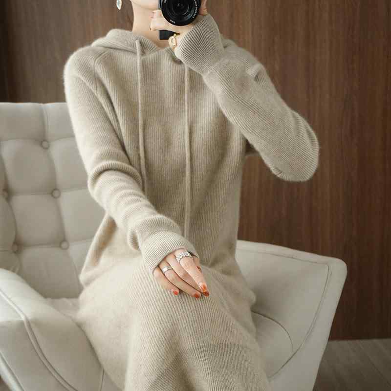 ワンピース レディース 秋冬 韓国風 羊毛 ニット フード付き ミドル丈 ひざ丈 厚手 無地 長袖 白 黒 茶色