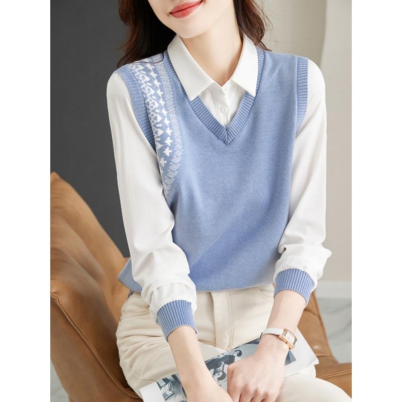 ニット 長袖トップス レディース 春秋物 カットソー レイヤード風 コットン混紡 ポロ襟 ブルー系 通勤 ゆったり 文芸風 レトロ