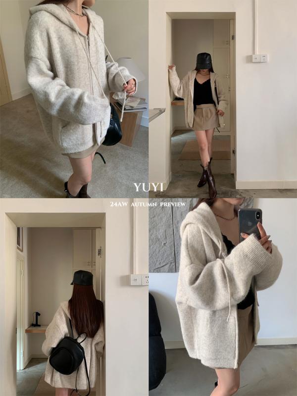 ニット レディース カーディガン 長袖 秋冬 韓国風 柔らかい ポリエステル 羊毛 厚手 ゆったり ミディアム丈 セーラーカラー ジッパー 灰色 ベージュ