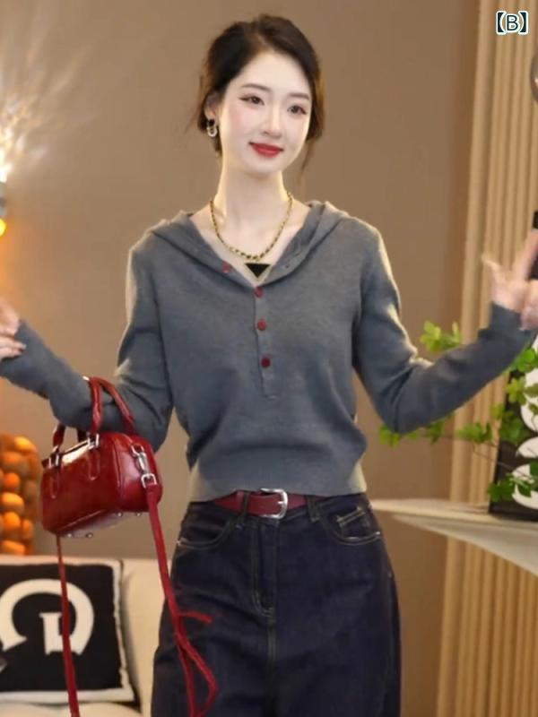 ニット レディース パーカー 春 韓国 ショート丈 トップス 長袖 スリム 無地 赤 グレー 黒