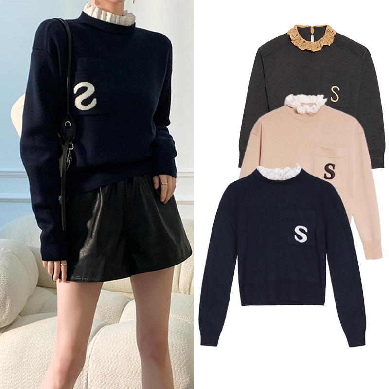 ニット レディース 秋冬 長袖 セーター トップス ゆったり 刺繡 立襟 粘纤 暖かい プルオーバー ドロップショルダー 藏藍 杏色 深灰