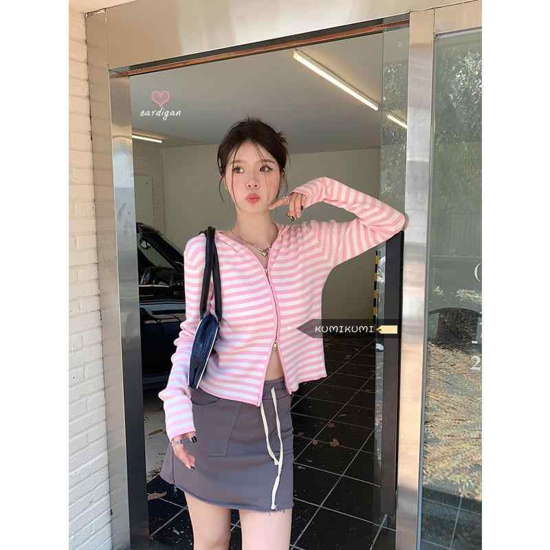 ニット レディース ピンク系 ボーダー カーディガン 長袖 パーカー トップス 薄手 プリンセススリーブ 私服 普段使い