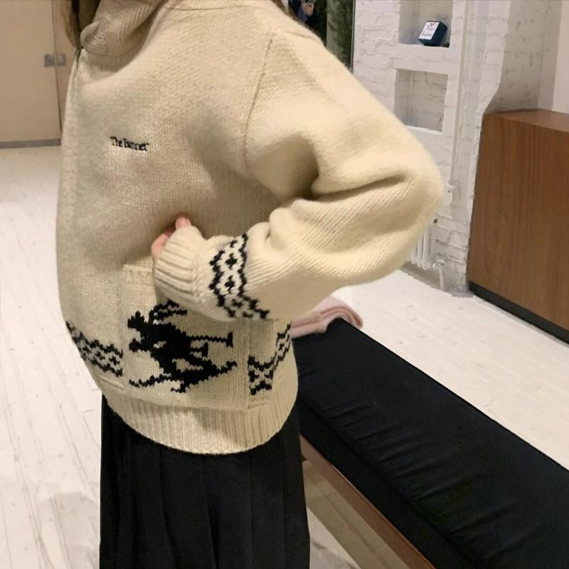 ニット レディース カーディガン 長袖 ジップアップ パーカー フード付き アイボリー トップス 提花 刺繍 アニメ キャラクター 日韓スタイル カジュアル