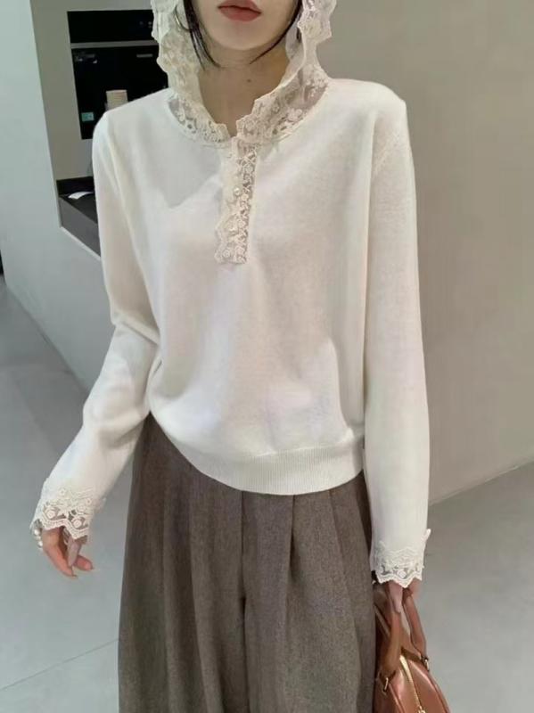 ニット レディース 秋冬 レース 切り替え デザイン カットソー プルオーバー セーター トップス 長袖 丸首 チュニック カジュアル きれいめ かわいい おしゃれ 普段使い 韓国ファッション ブラック グレー オフホワイト レッド