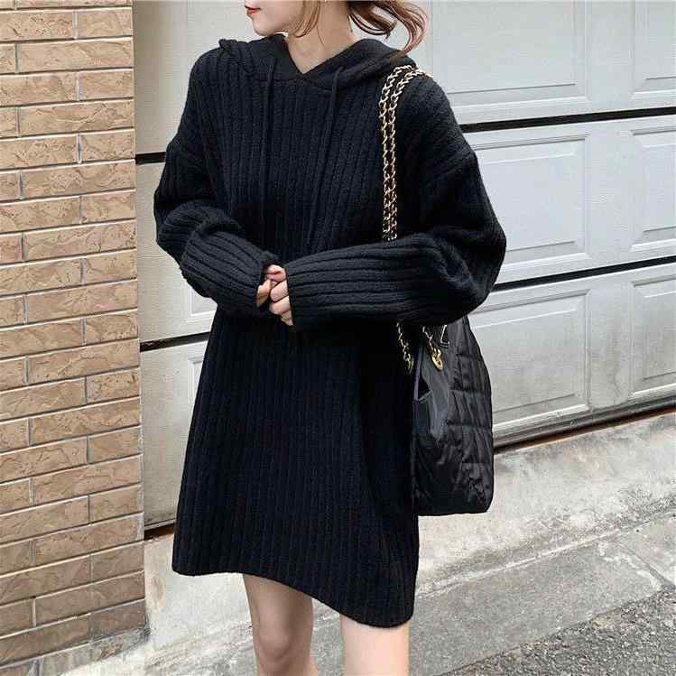 ニット レディース 秋冬 加厚 Vネック 長袖 チュニック丈 フード付き 暖かい ゆったり ざっくり 韓国風 かわいい 黒 グレー 白