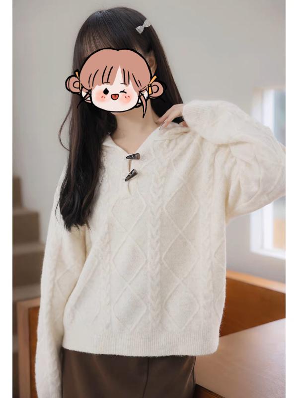 ニット レディース 秋冬 ニットセーター フード付き 牛角ボタン 長袖 プルオーバー ゆったり かわいい 柔らかい アンゴラ ふわふわ 韓国風 カジュアル デート 女子会 ベージュ