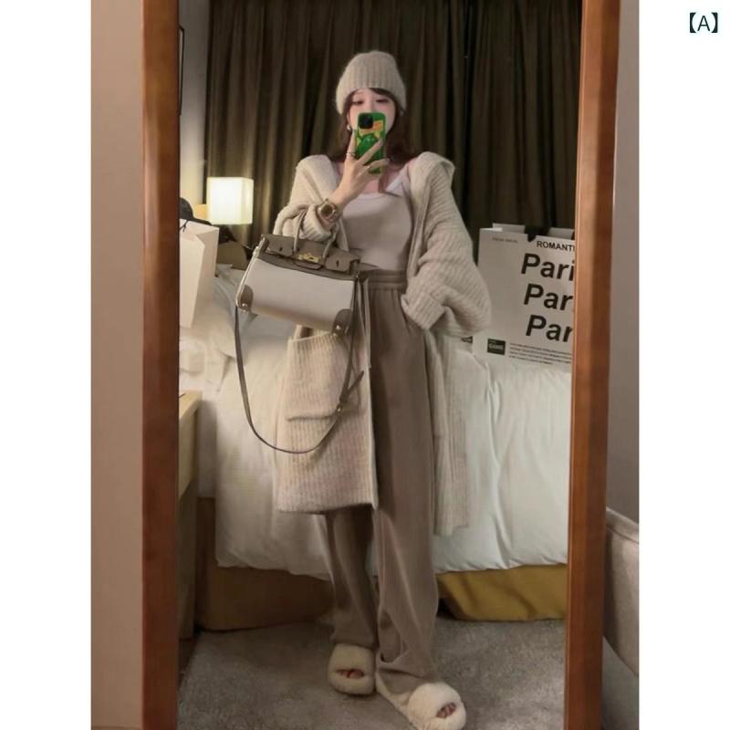 シャドーテールのカーディガン レディース 秋冬 ニット 厚手 フード付き ロング丈 ゆったり 大きめサイズ かわいい 無袖 あったか 暖かい 羽織り 上着 重ね着 レイヤード カジュアル｜アングル2