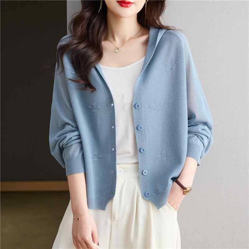 カーディガン レディース 薄手 ニット 春夏 フード付き 冷感 長袖 ショート丈 接触冷感 紫外線対策 羽織り トップス 杏色 ブルー