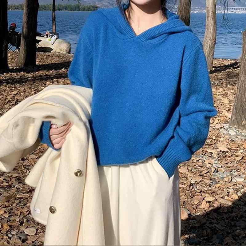 ニット レディース 秋冬 ゆるふわ系 高級感 プルオーバー フード付き 暖かい 長袖 トップス セーター 無地 青色 灰色 ベージュ 赤色
