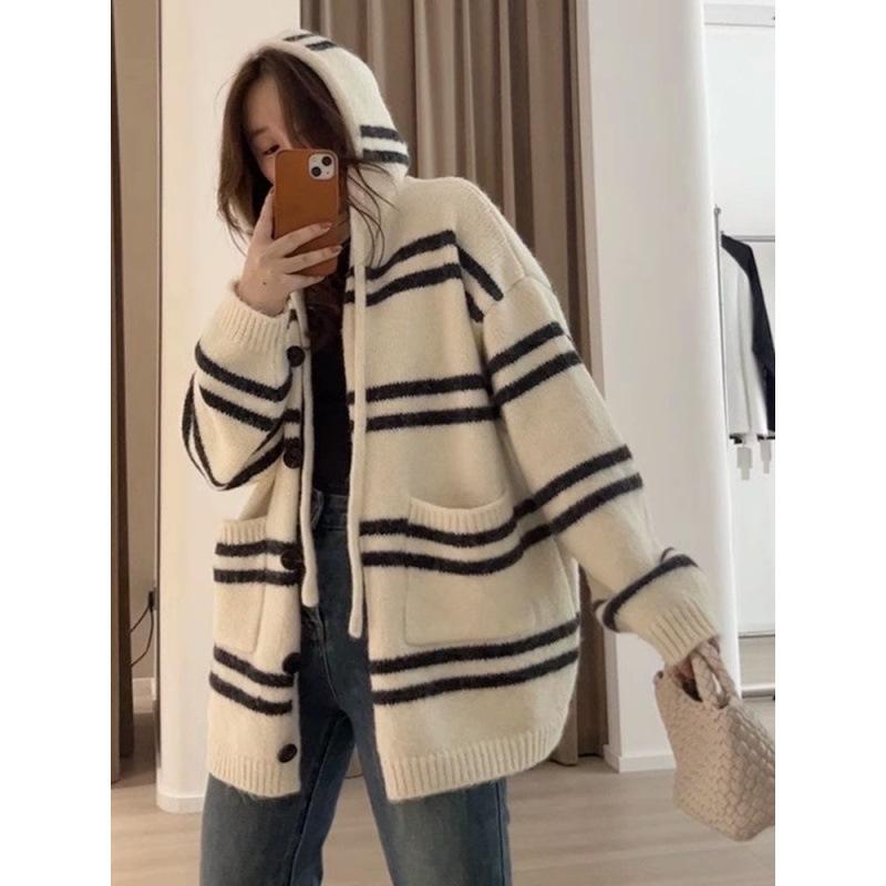 ニット レディース カーディガン 秋冬 ストライプ柄 フード付き 伸縮性 長袖 婦人服 アウター 羽織り オフィス 通勤 きれいめ カジュアル