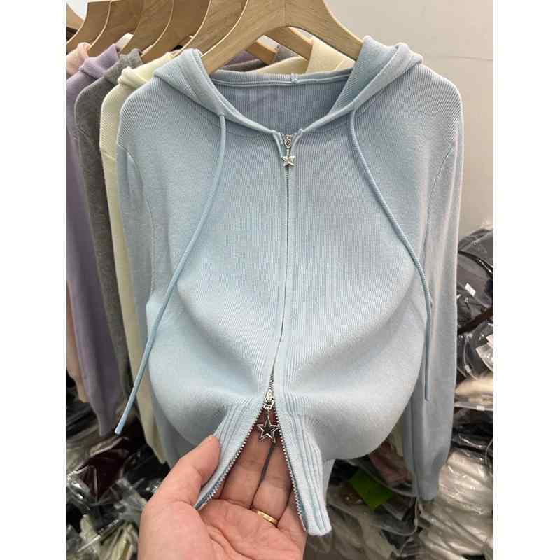 ニットカーディガン レディース 長袖 春物 薄手 ダブルジップ パーカー トップス 杏色 ライトブルー ライトグレー ブラック S M L XL 2XL カジュアル きれいめ かわいい