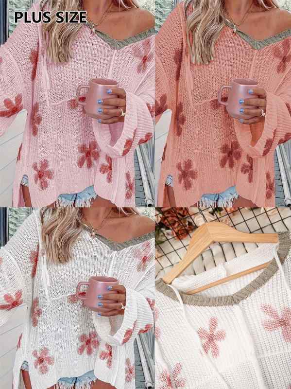 ニット レディース 花柄 Vネック プルオーバー 長袖 チュニック ゆったり 大きめ ピンク系 白 赤 ポリエステル 日韓 カジュアル 秋冬