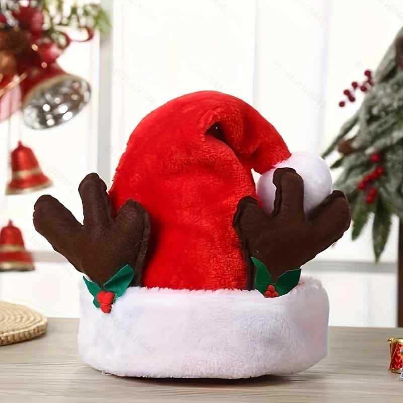 クリスマス帽子 鹿の角 リーフ柄 短毛ボア クリスマス パーティー デコレーション ぬいぐるみ 赤色 欧米スタイル