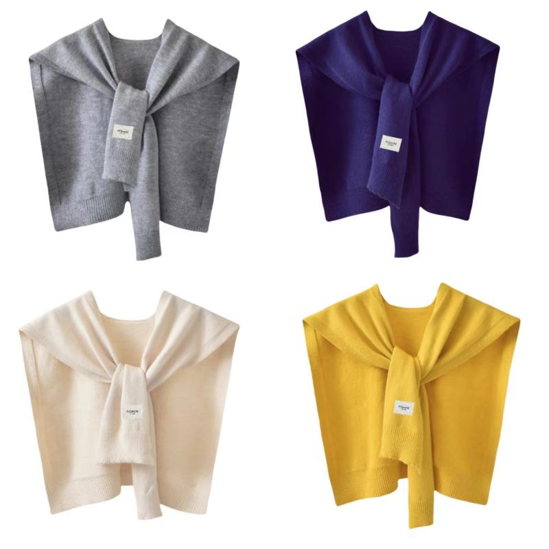 ショール レディース 春秋 ニット 冷房対策 肩掛け 付け襟 無地 装飾 羽織物 防寒 グレー ピンク ブルー イエロー パープル