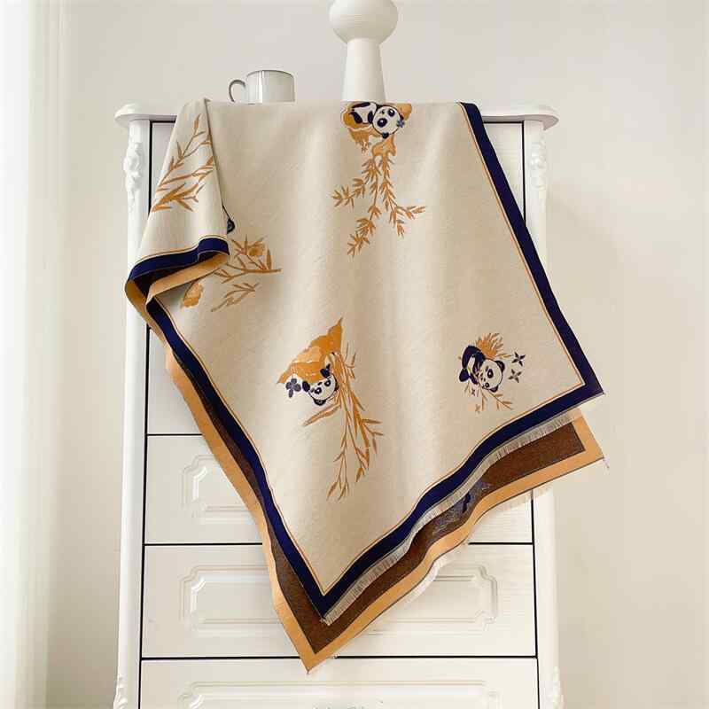 Cashmere - マフラー レディース ストール ショール 秋冬 厚手 暖かい 防寒 提花 ジャカード タッセル付き 文芸復古 中国風 パンダ柄 ポリエステル 綿 黒緑色 190x65cm