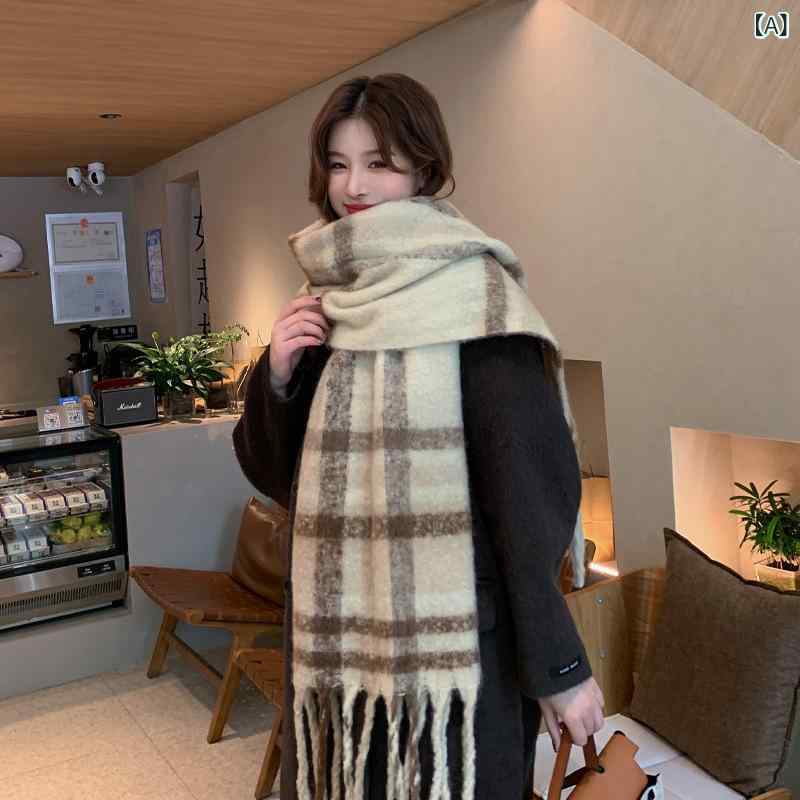 マフラー レディース 秋冬 格子柄 モヘア あったか 厚手 大判 フリンジ ストール ショール 膝掛け 防寒 かわいい ガーリー カジュアル 2