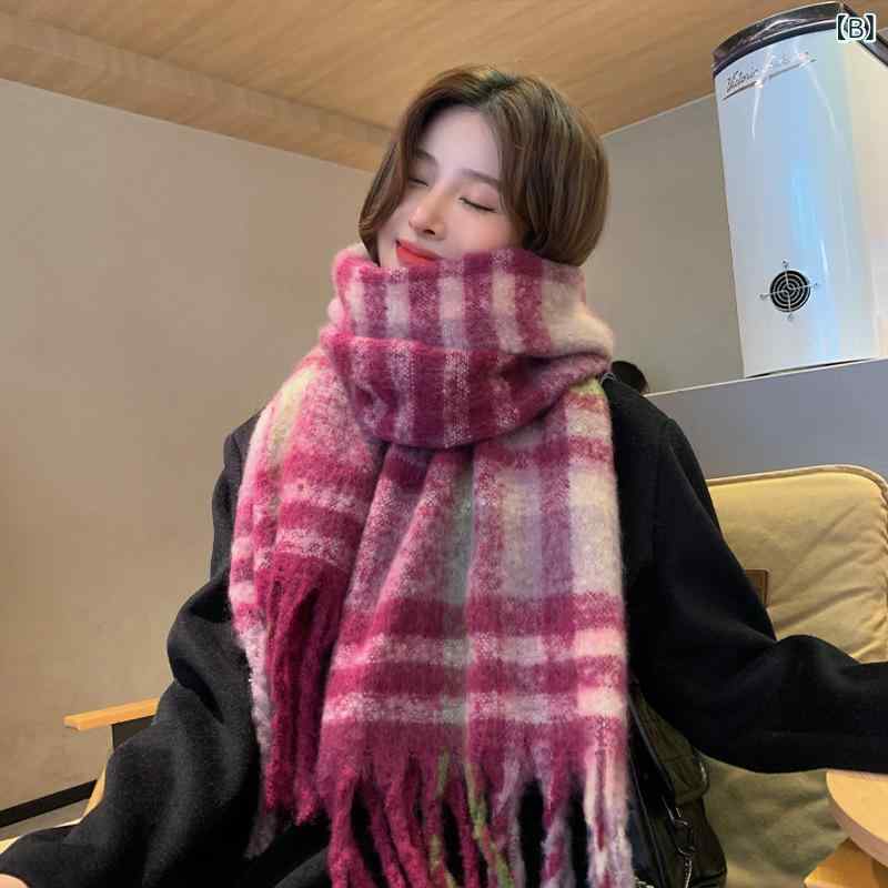 マフラー レディース 秋冬 格子柄 モヘア あったか 厚手 大判 フリンジ ストール ショール 膝掛け 防寒 かわいい ガーリー カジュアル 3
