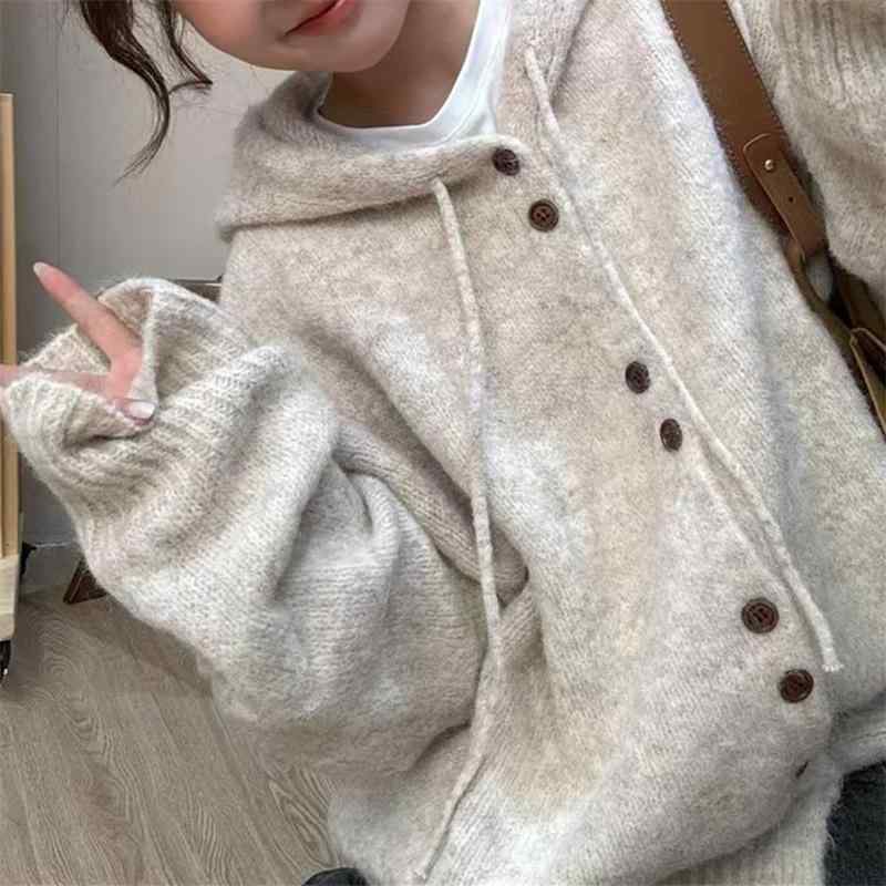 ニットカーディガン レディース アルパカ混紡 ゆったり フード付き 無地 ミドル丈 かわいい 柔らかい ベージュ系 グレー ピンク系 ブラウン系 秋冬